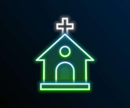 Glowing neon line Church building icon isolated on black background. Christian Church. Religion of church. Colorful outline concept. Vectorのイラスト素材