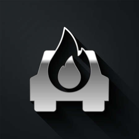 Silver Burning car icon isolated on black background. Car on fire. Broken auto covered with fire and smoke. Long shadow style. Vectorのイラスト素材