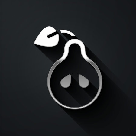 Silver Pear icon isolated on black background. Fruit with leaf symbol. Long shadow style. Vectorのイラスト素材