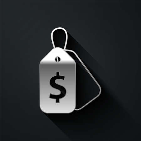 Silver Price tag with an inscription Sale icon isolated on black background. Badge for price. Promo tag discount. Long shadow style. Vectorのイラスト素材