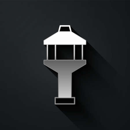 Silver Airport control tower icon isolated on black background. Long shadow style. Vectorのイラスト素材