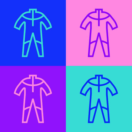 Pop art line Wetsuit for scuba diving icon isolated on color background. Diving underwater equipment. Vectorのイラスト素材