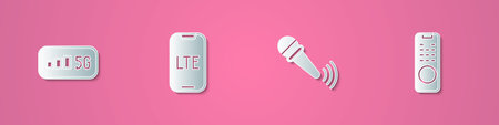 Set paper cut 5G wireless internet, LTE network, Wireless microphone and Remote control icon. Paper art style. Vectorのイラスト素材