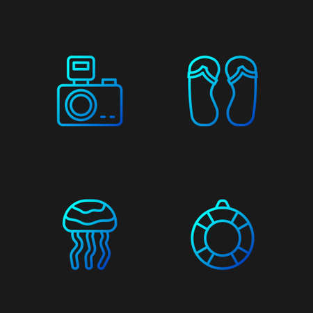 Set line Lifebuoy, Jellyfish, Photo camera with flash and Flip flops. Gradient color icons. Vectorのイラスト素材
