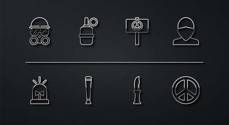 Set line Gas mask, Flasher siren, Vandal, Military knife, Police rubber baton, Hand grenade, Peace and icon. Vectorのイラスト素材