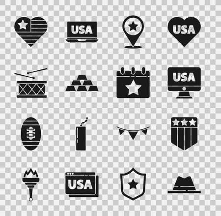 Set Man hat with ribbon, Shield stars, USA monitor, Independence day, Gold bars, Drum and drum sticks, and Calendar date July 4 icon. Vectorのイラスト素材