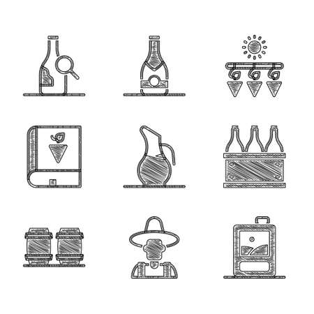 Set Decanter for wine, Farmer the hat, Cardboard box of, Bottles, Wooden barrel, Book about grapes, Drying and icon. Vectorのイラスト素材