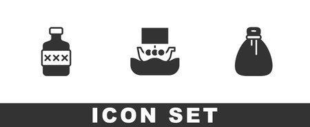 Set Whiskey bottle, Viking ship Drakkar and Old money bag icon. Vectorのイラスト素材