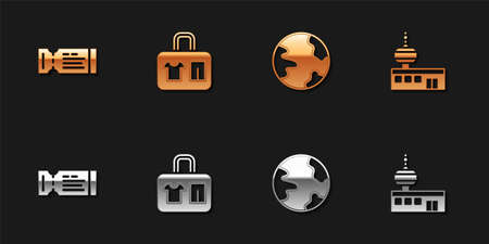 Set Airline ticket, Suitcase, Worldwide and Airport control tower icon. Vectorのイラスト素材