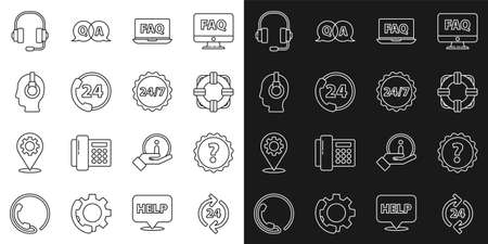 Set line Telephone 24 hours support, Question mark, Lifebuoy, Laptop and FAQ, Support operator in touch, Headphones and Clock icon. Vectorのイラスト素材