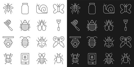 Set line Beetle bug, Butterfly, Fly swatter, Snail, Colorado beetle, net, Mosquito and Insect icon. Vectorのイラスト素材