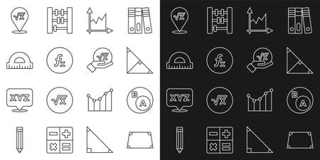 Set line Acute trapezoid shape, Subsets, math, is subset of b, Angle bisector triangle, Graph, schedule, chart, diagram, Function mathematical symbol, Protractor, Square root x glyph and icon. Vectorのイラスト素材
