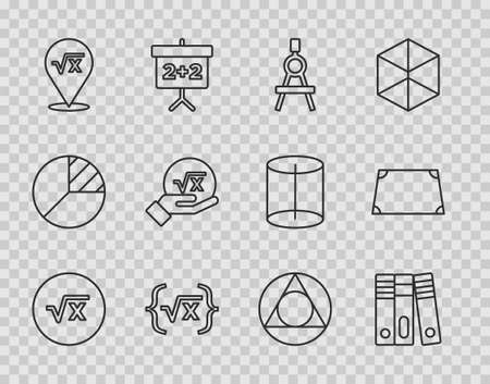 Set line Square root of x glyph, Office folders, Drawing compass, Triangle math and Acute trapezoid shape icon. Vectorのイラスト素材