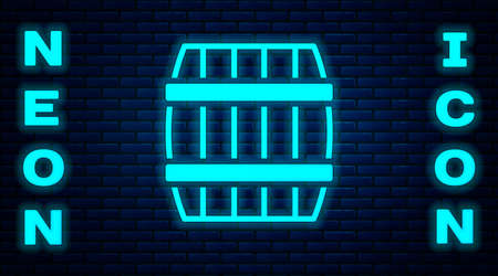 Glowing neon Wooden barrel icon isolated on brick wall background. Alcohol barrel, drink container, wooden keg for beer, whiskey, wine. Vectorのイラスト素材
