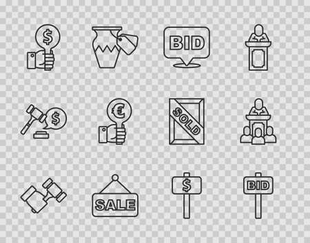 Set line Auction hammer, Hand holding auction paddle, Bid, Price tag with Sale, and auctioneer sells icon. Vectorのイラスト素材