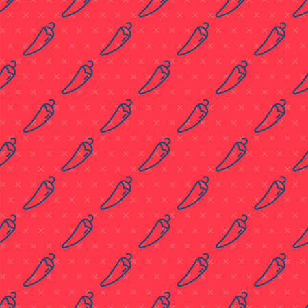 Blue line Hot chili pepper pod icon isolated seamless pattern on red background. Design for grocery, culinary products, seasoning and spice package, cooking book. Vectorのイラスト素材