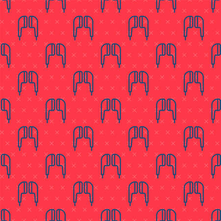 Blue line Air headphones icon icon isolated seamless pattern on red background. Holder wireless in...