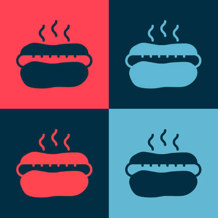 Pop art Hotdog sandwich with mustard icon isolated on color background. Sausage icon. Fast food sign. Vectorのイラスト素材