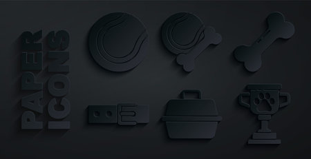 Set Pet carry case, Dog bone, Collar with name tag, award, toys rubber and ball and Tennis icon. Vectorのイラスト素材