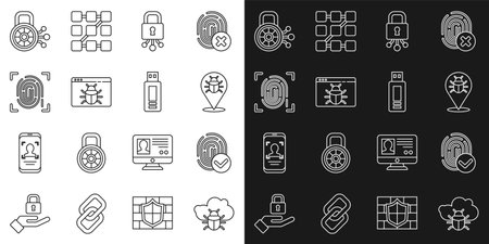 Set line System bug on a cloud, Fingerprint, Cyber security, and USB flash drive icon. Vectorのイラスト素材