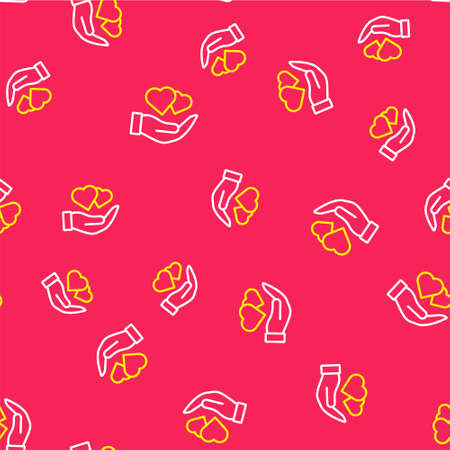 Line Heart in hand icon isolated seamless pattern on red background. Hand giving love symbol. Valentines day symbol. Vectorのイラスト素材