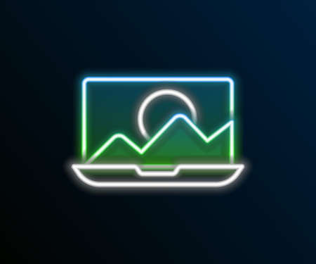 Glowing neon line Photo retouching icon isolated on black background. Photographer, photography, retouch icon. Colorful outline concept. Vectorのイラスト素材