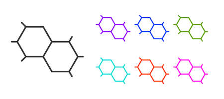 Black line Chemical formula icon isolated on white background. Abstract hexagon for innovation medicine, health, research and science. Set icons colorful. Vectorのイラスト素材