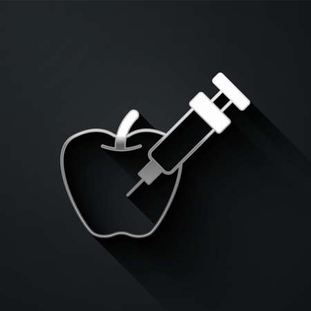 Silver Genetically modified apple icon isolated on black background. GMO fruit. Syringe being injected to apple. Long shadow style. Vectorのイラスト素材