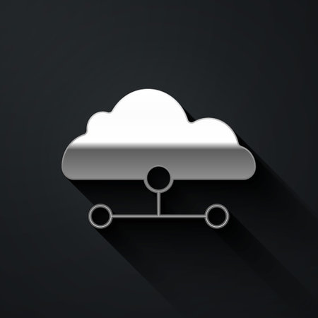 Silver Network cloud connection icon isolated on black background. Social technology. Cloud computing concept. Long shadow style. Vectorのイラスト素材