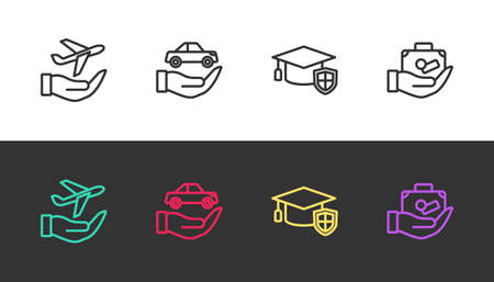 Set line Plane in hand, Car insurance, Graduation cap with shield and Travel suitcase on black and white. Vectorのイラスト素材