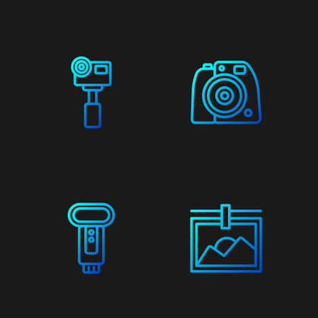 Set line Photo frame, camera flash, Action extreme and . Gradient color icons. Vectorのイラスト素材