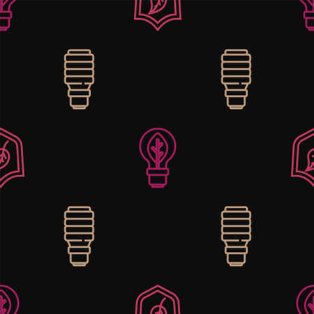 Set line Shield with leaf, LED light bulb and Light on seamless pattern. Vectorのイラスト素材