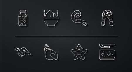 Set Line Sea Cucumber In Jar Eel Fish Fish Steak Starfish Scallop Sea Shell Shark Fin Soup Cutting Board And Knife And Octopus Of Tentacle Icon Vectorのイラスト素材 イメージマート