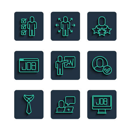 Set line Tie, Freelancer, Search job, Productive human, Leader of team of executives, Resume and Worker icon. Vectorのイラスト素材