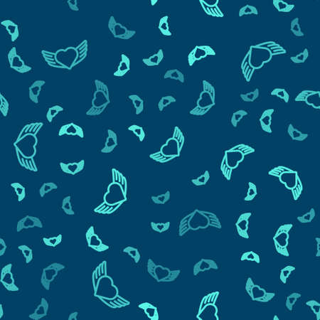 Green line Heart with wings icon isolated seamless pattern on blue background. Love symbol. Happy Valentines day. Vectorのイラスト素材