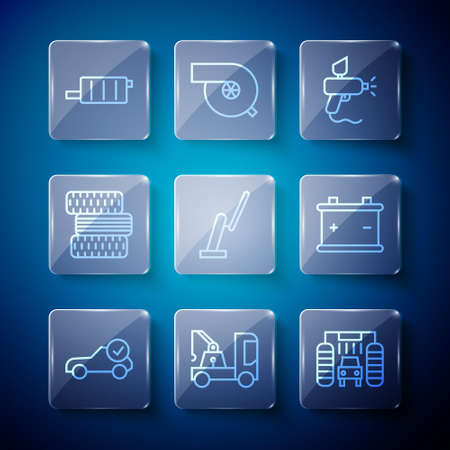 Set line Auto service check automotive, Tow truck, Car wash, Paint spray gun, Windscreen wiper, tire wheel, muffler and battery icon. Vectorのイラスト素材