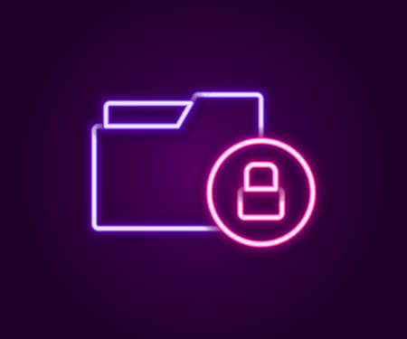 Glowing neon line Folder and lock icon isolated on black background. Closed folder and padlock. Security, safety, protection concept. Colorful outline concept. Vectorのイラスト素材