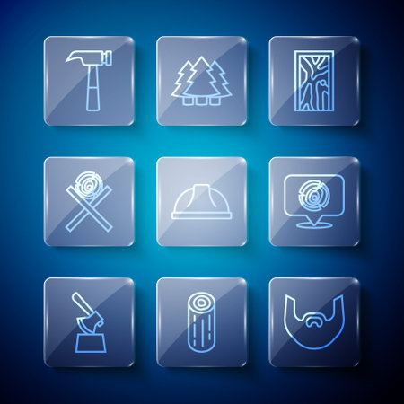Set line Wooden axe in stump, logs, Mustache and beard, Closed door, Worker safety helmet, on stand, Hammer and icon. Vectorのイラスト素材