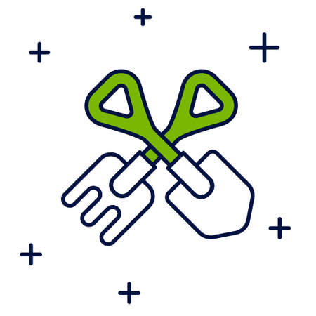 Filled outline Shovel and rake icon isolated on white background. Tool for horticulture, agriculture, gardening, farming. Ground cultivator. Vectorのイラスト素材