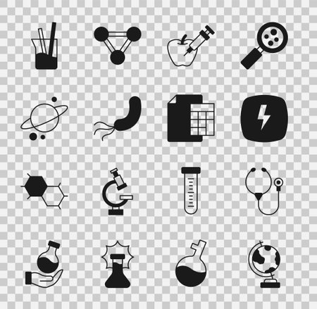 Set Earth globe, Stethoscope, Lightning bolt, Genetically modified apple, Bacteria, Planet Saturn, Laboratory glassware and Calculator icon. Vectorのイラスト素材