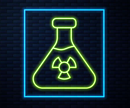 Glowing neon line Laboratory chemical beaker with toxic liquid icon isolated on brick wall background. Biohazard symbol. Dangerous symbol with radiation icon. Vectorのイラスト素材
