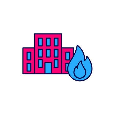 Filled outline Fire in burning buildings on city street icon isolated on white background. Destroyed city on fire. Vectorのイラスト素材