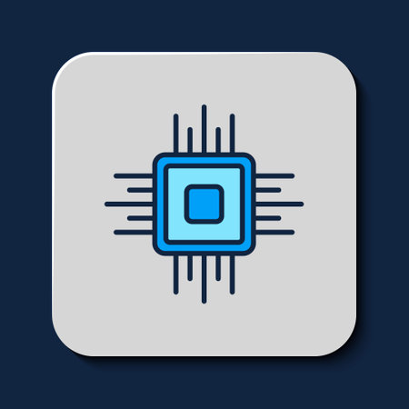 Filled outline Computer processor with microcircuits CPU icon isolated on blue background. Chip or cpu with circuit board. Micro processor. Vectorのイラスト素材