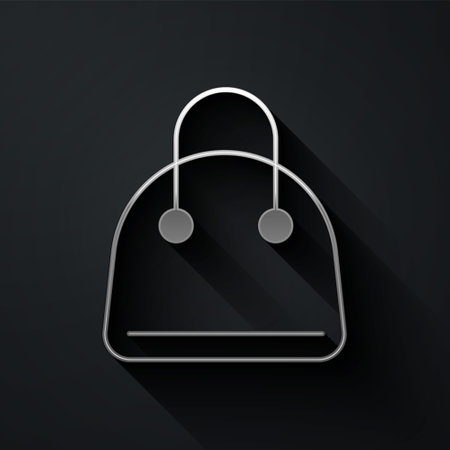 Silver Handbag icon isolated on black background. Female handbag sign. Glamour casual baggage symbol. Long shadow style. Vectorのイラスト素材