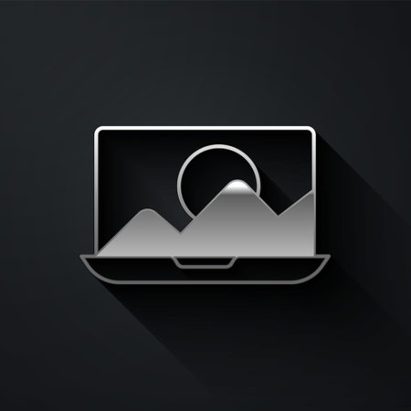 Silver Photo retouching icon isolated on black background. Photographer, photography, retouch icon. Long shadow style. Vectorのイラスト素材