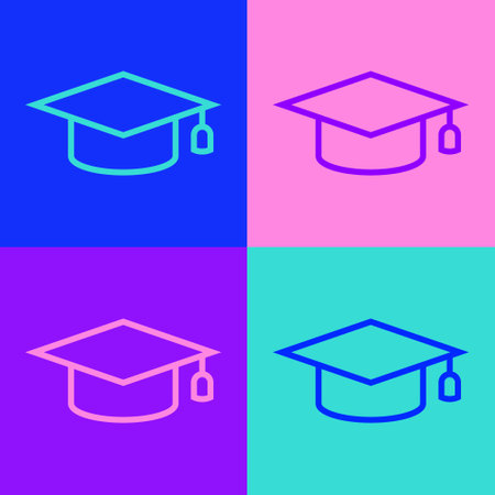 Pop art line Graduation cap icon isolated on color background. Graduation hat with tassel icon. Vectorのイラスト素材