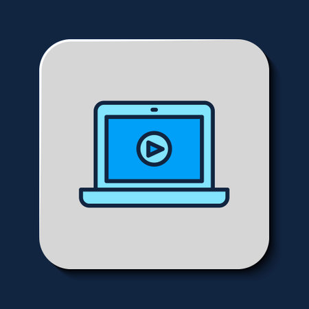 Filled outline Online play video icon isolated on blue background. Laptop and film strip with play sign. Vectorのイラスト素材