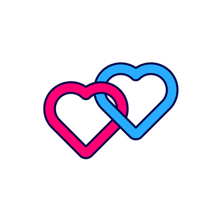 Filled outline Two Linked Hearts icon isolated on white background. Romantic symbol linked, join, passion and wedding. Valentine day symbol. Vectorのイラスト素材
