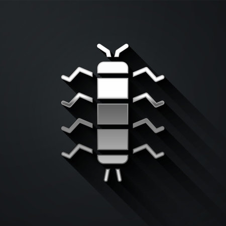 Silver Centipede insect icon isolated on black background. Long shadow style. Vectorのイラスト素材