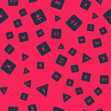 Set High voltage, Diode in electronic circuit, Buzzer and Electrolytic capacitor on seamless pattern. Vectorのイラスト素材